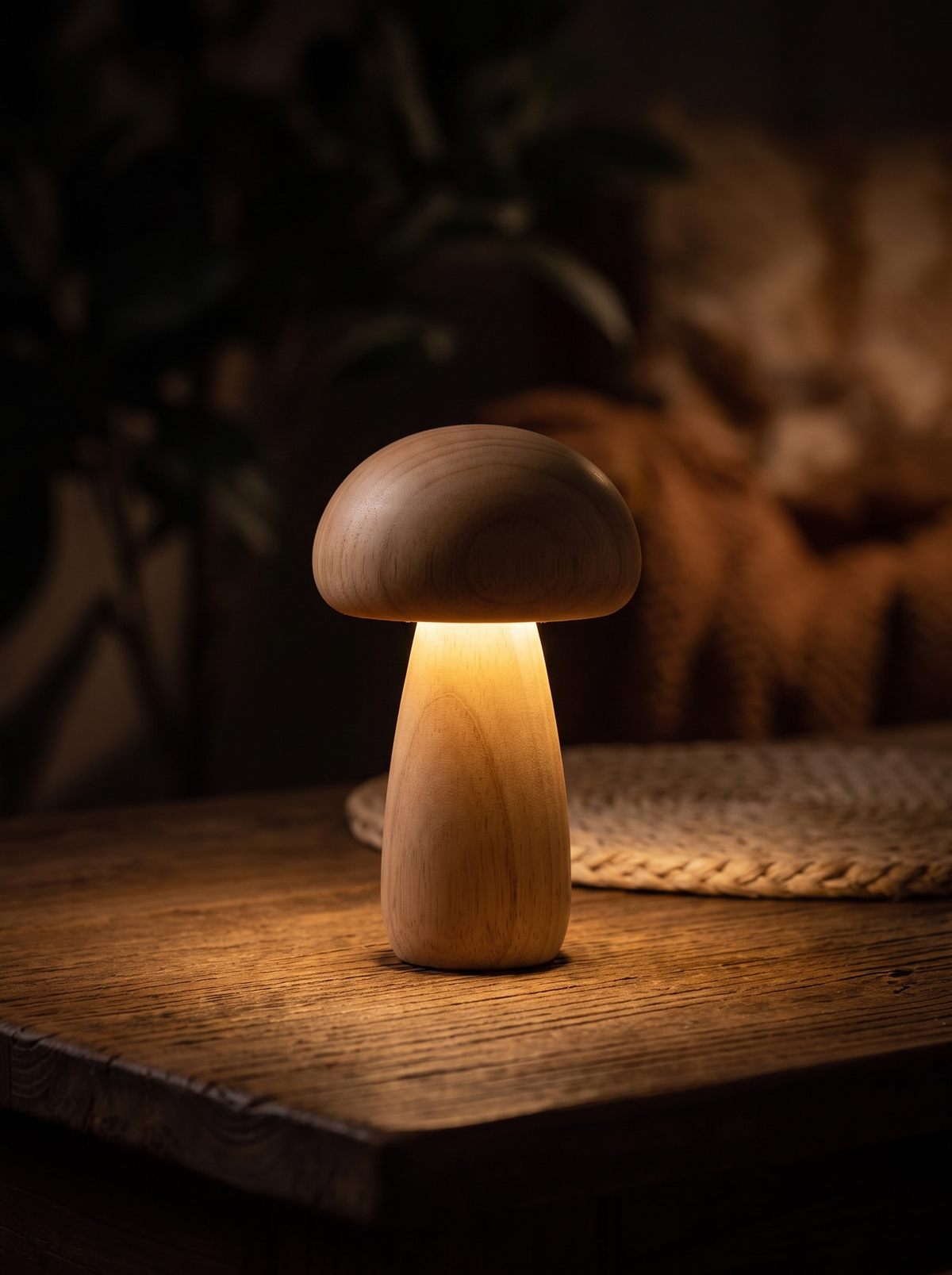Mushroom lamp lit at a low dim setting