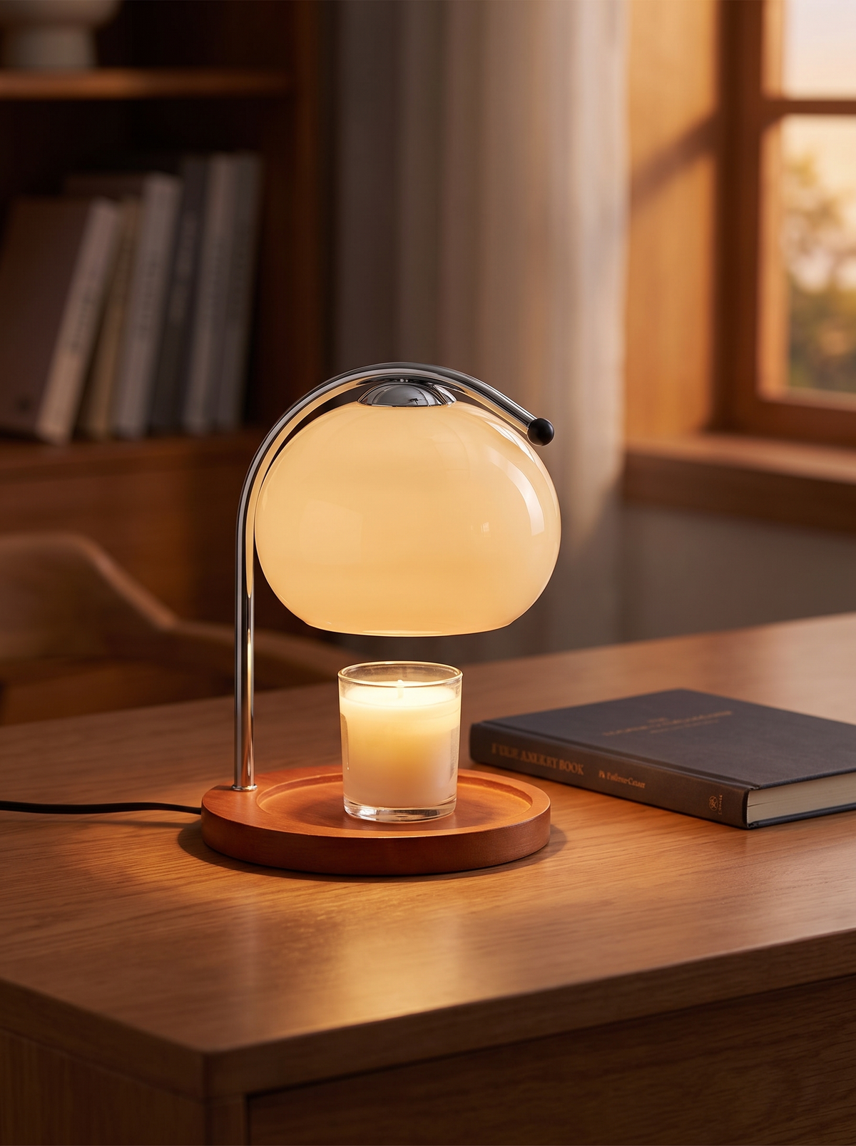 Candlestick lamp on a study desk beside a book