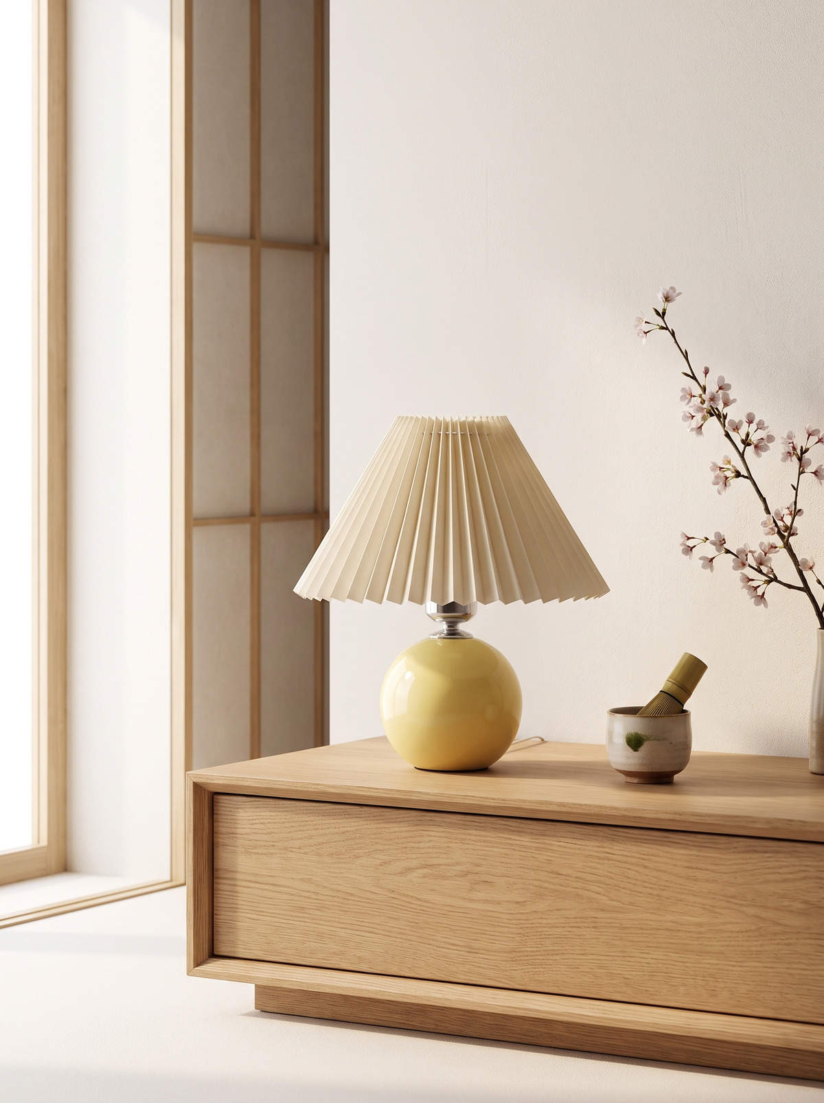 Ceramic table lamp on a Japanese styled nightstand
