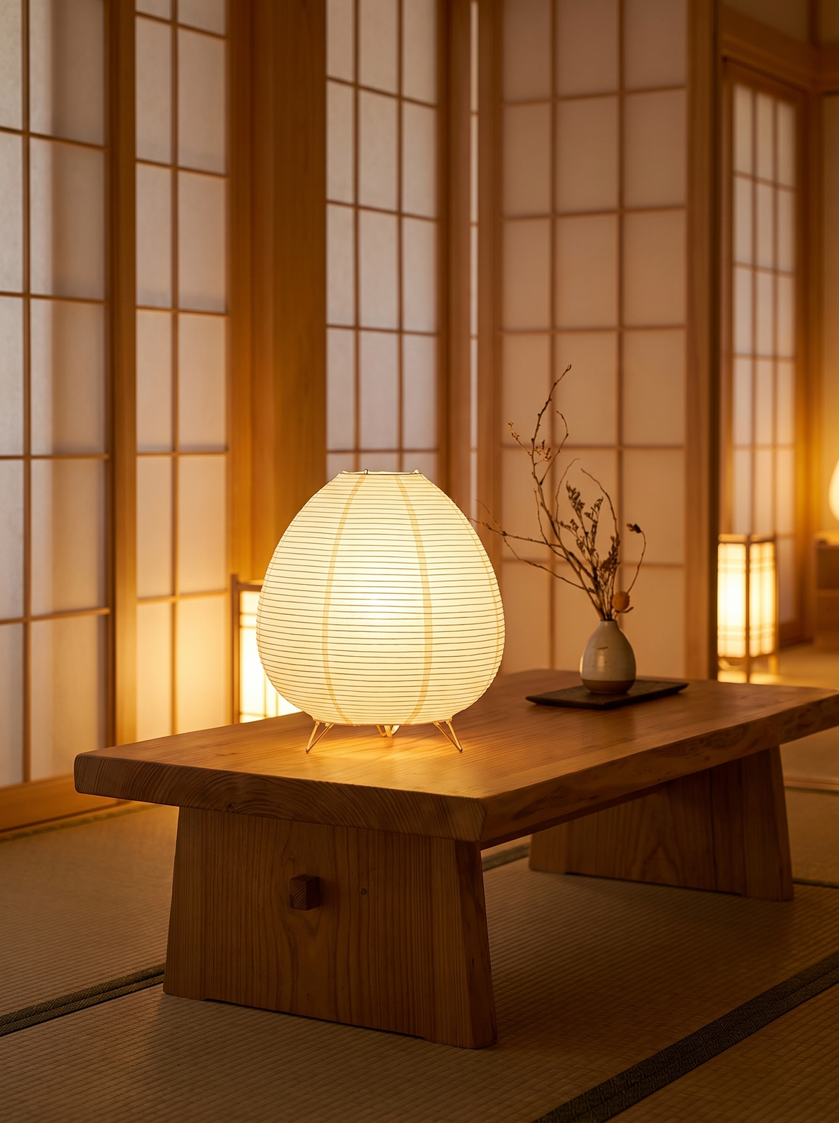 Rice paper lantern lamp glowing on a low wooden table
