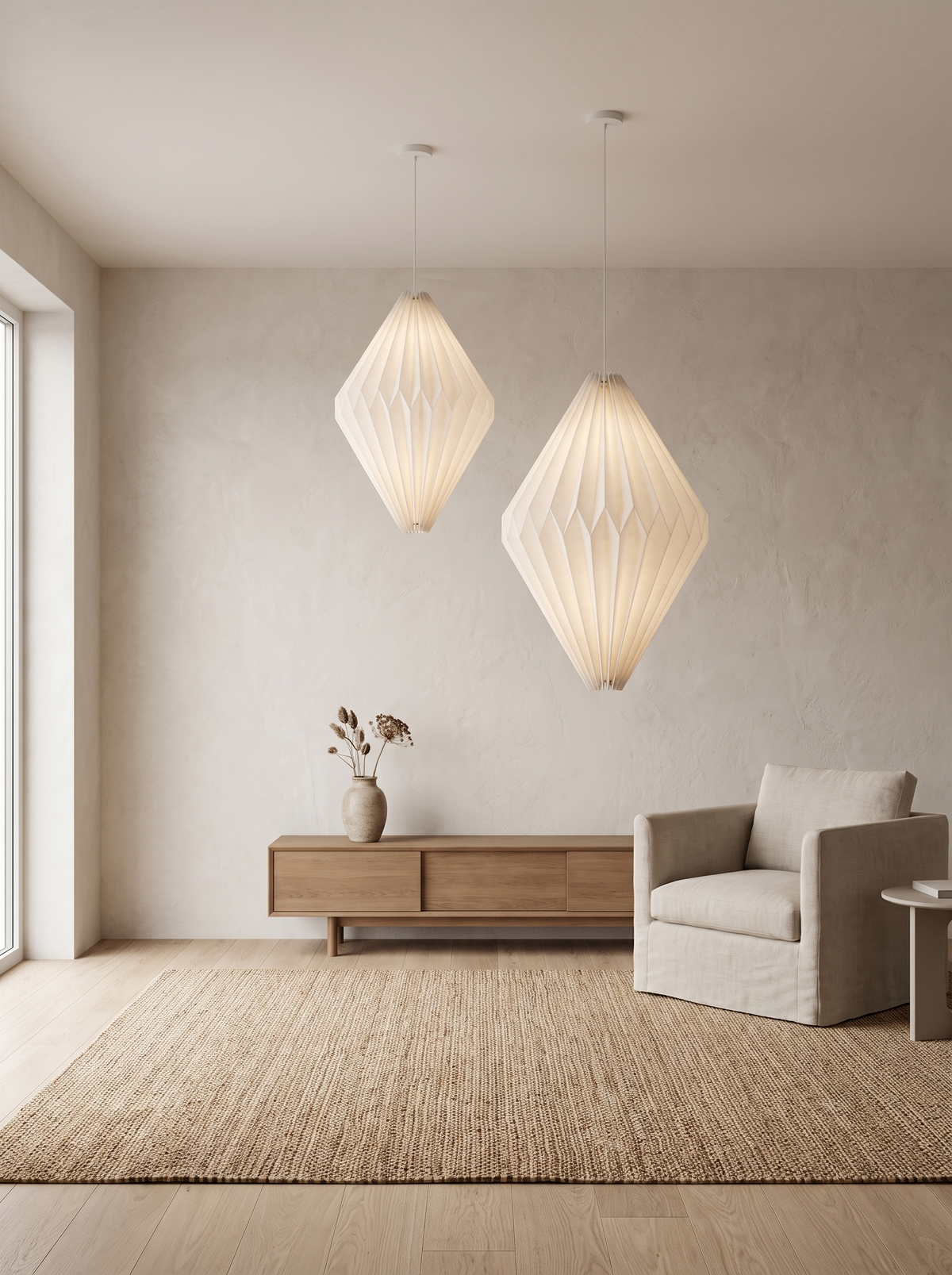 Folding paper lantern pendant in a minimal living room