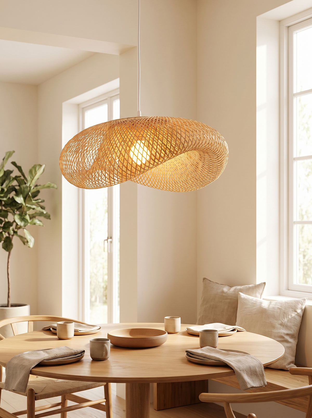 Woven bamboo pendant light above a dining table