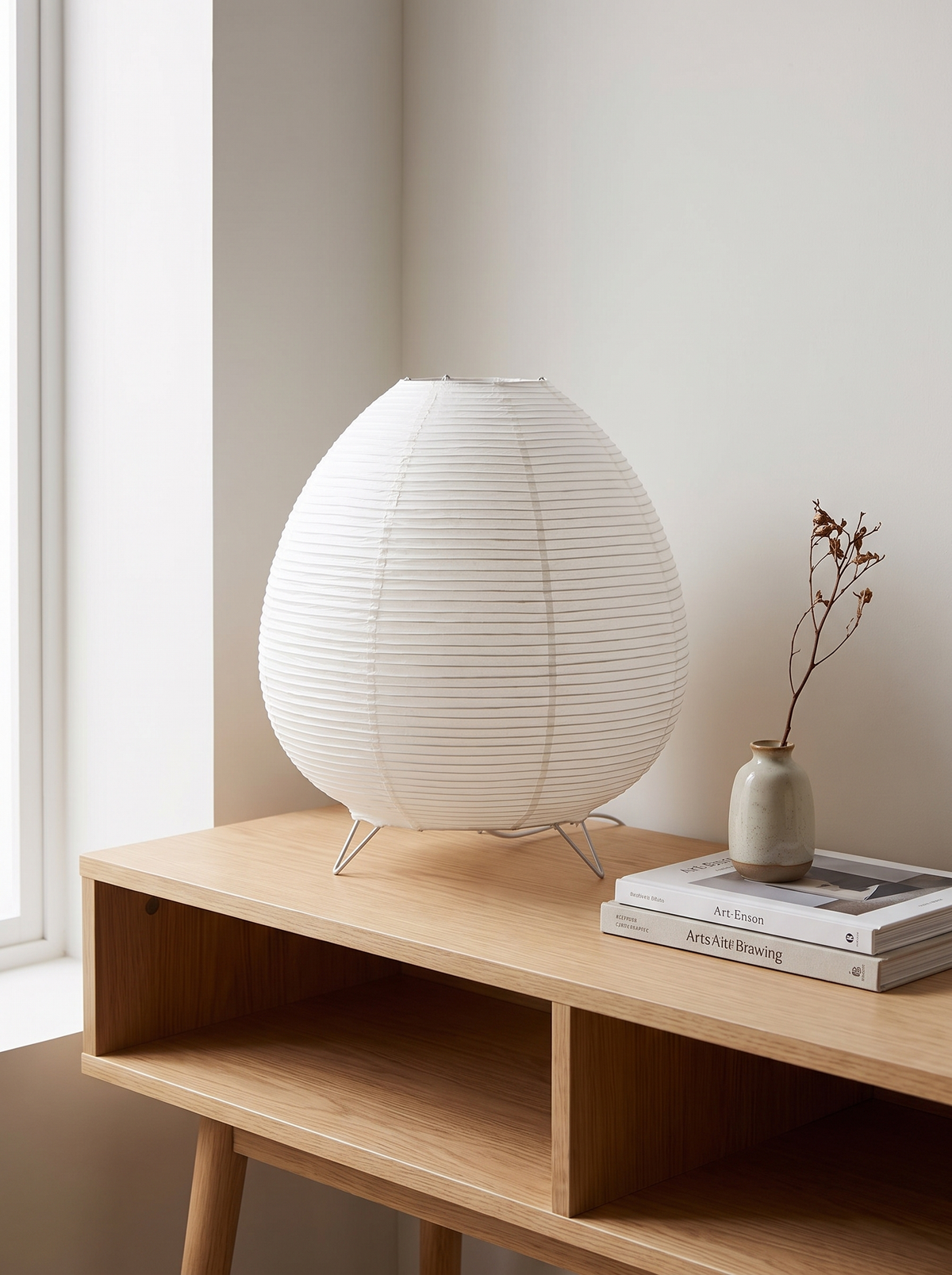 Unlit paper lantern lamp on a study shelf