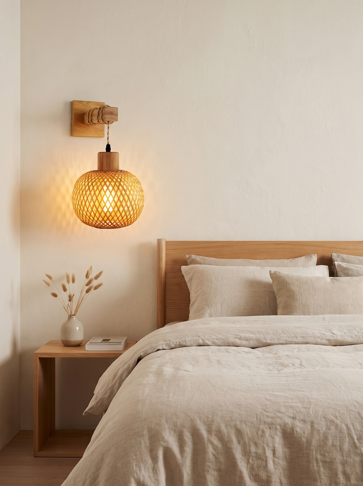 Rattan wall sconce mounted beside a bed