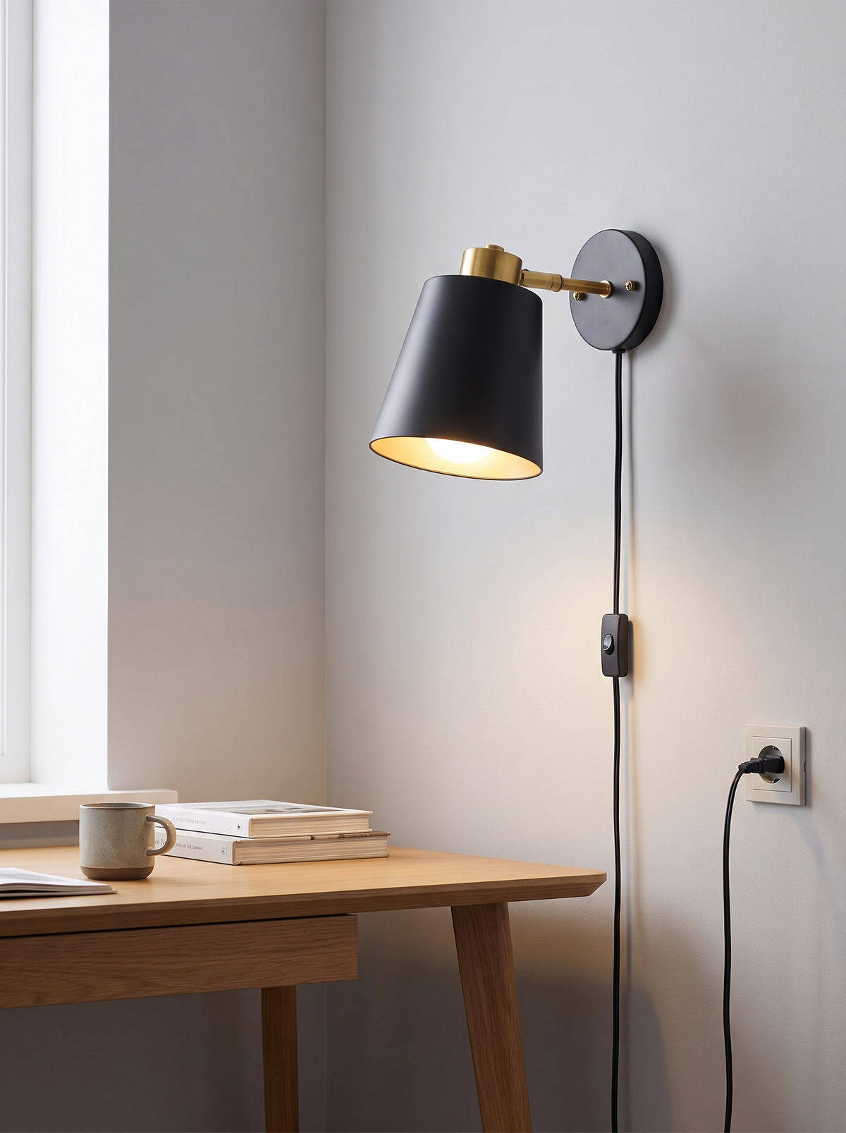 Plug in wall sconce above a study desk
