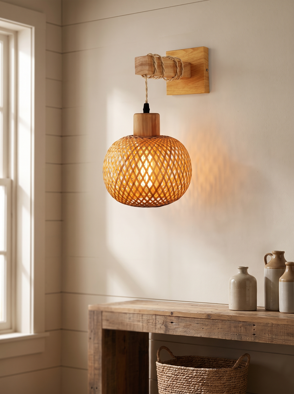 Bamboo wall lamp on a farmhouse living room wall