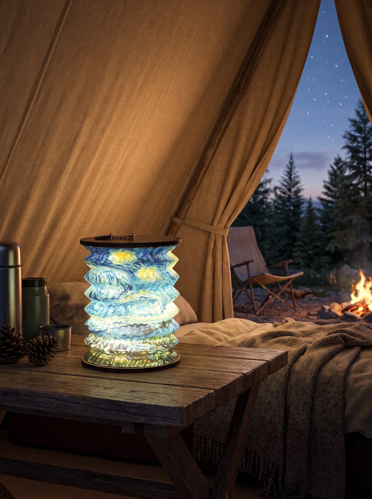 Rechargeable lantern lamp glowing inside a tent