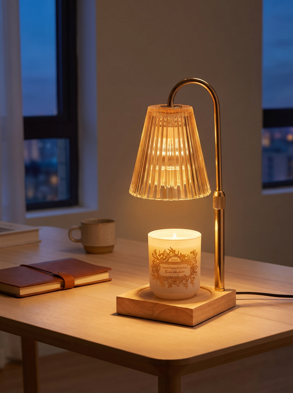 Candle warmer lamp dimmed low on a home desk