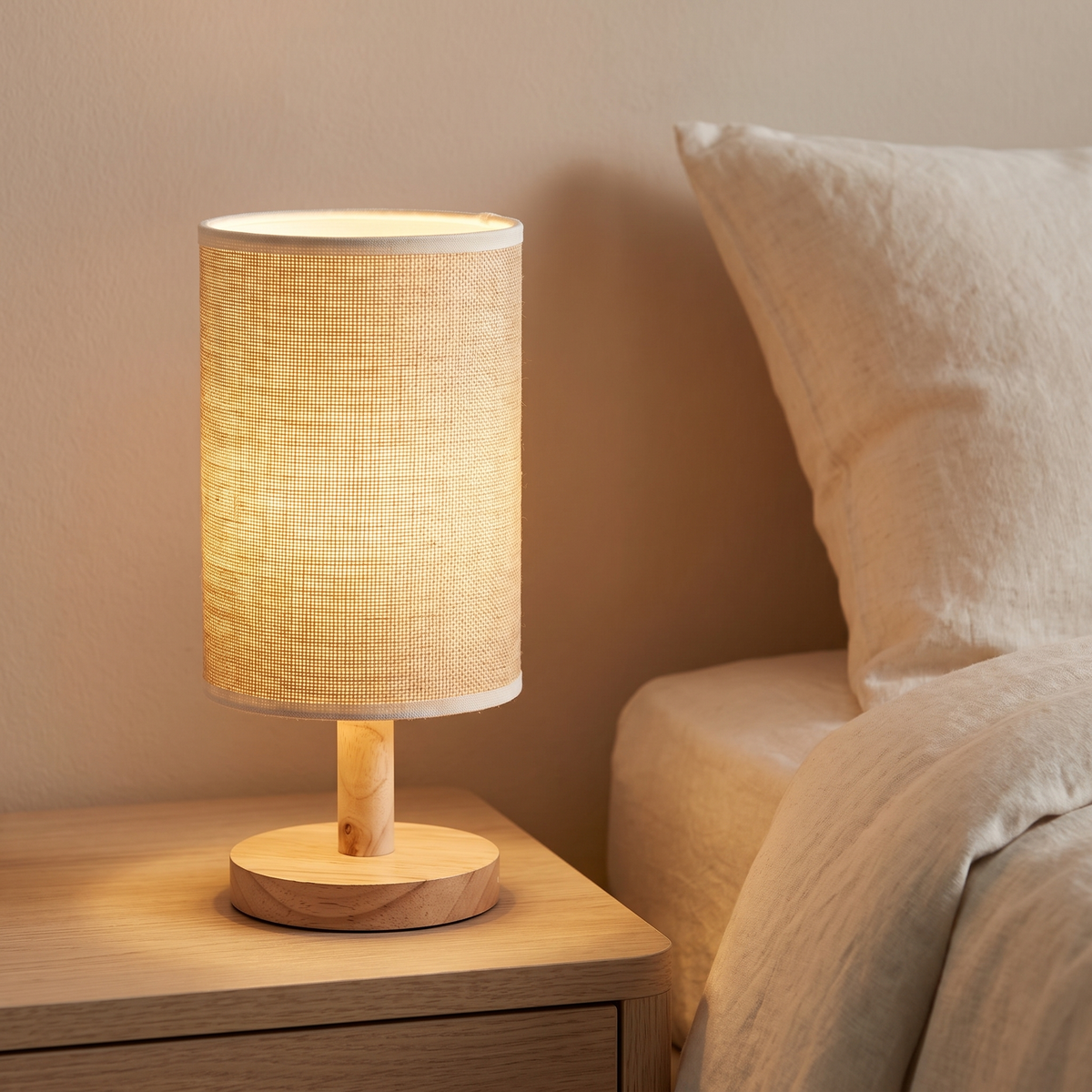 Japandi linen drum table lamp displayed in a warm modern interior