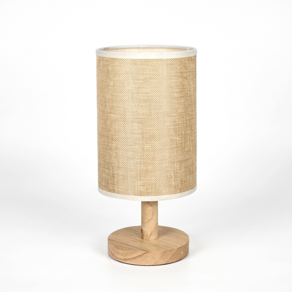 Japandi linen drum table lamp on a white background