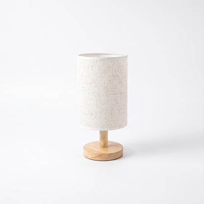 Japandi linen drum table lamp – White Linen, on a white background