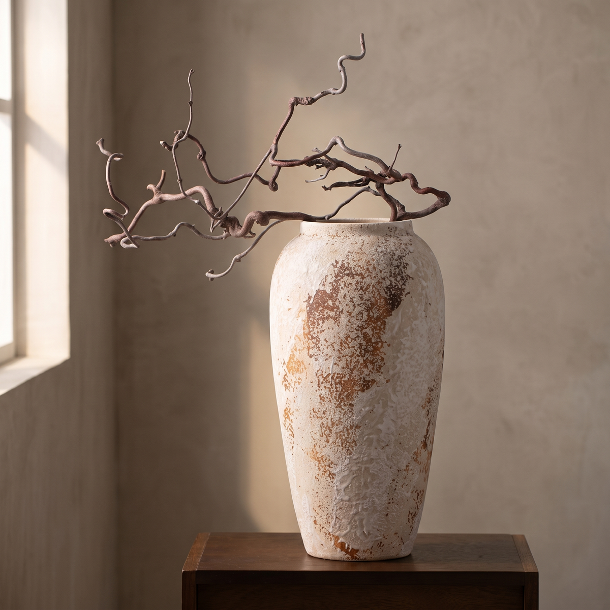 Mottled wabi-sabi ceramic jar vase displayed in a warm modern interior