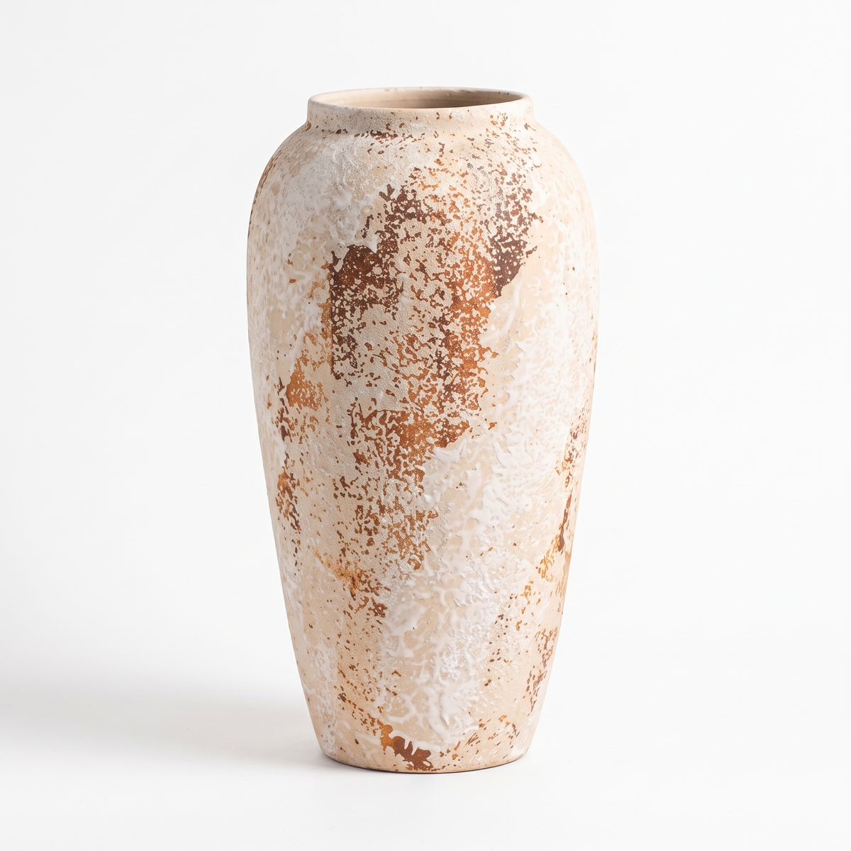 Mottled wabi-sabi ceramic jar vase on a white background