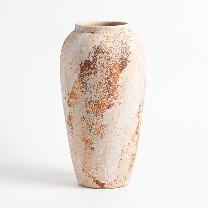 Mottled wabi-sabi ceramic jar vase on a white background