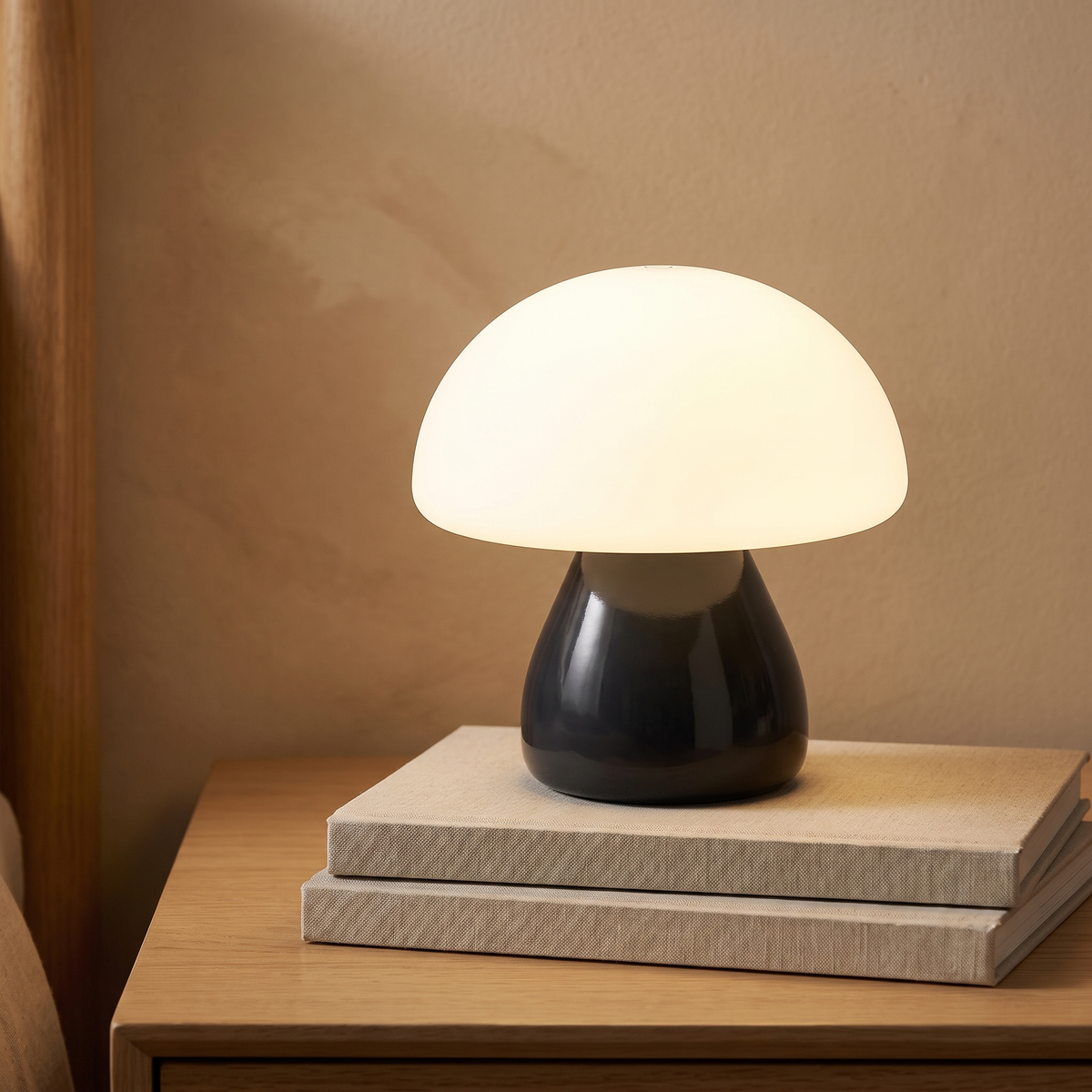 Mushroom LED night lamp displayed in a warm modern interior