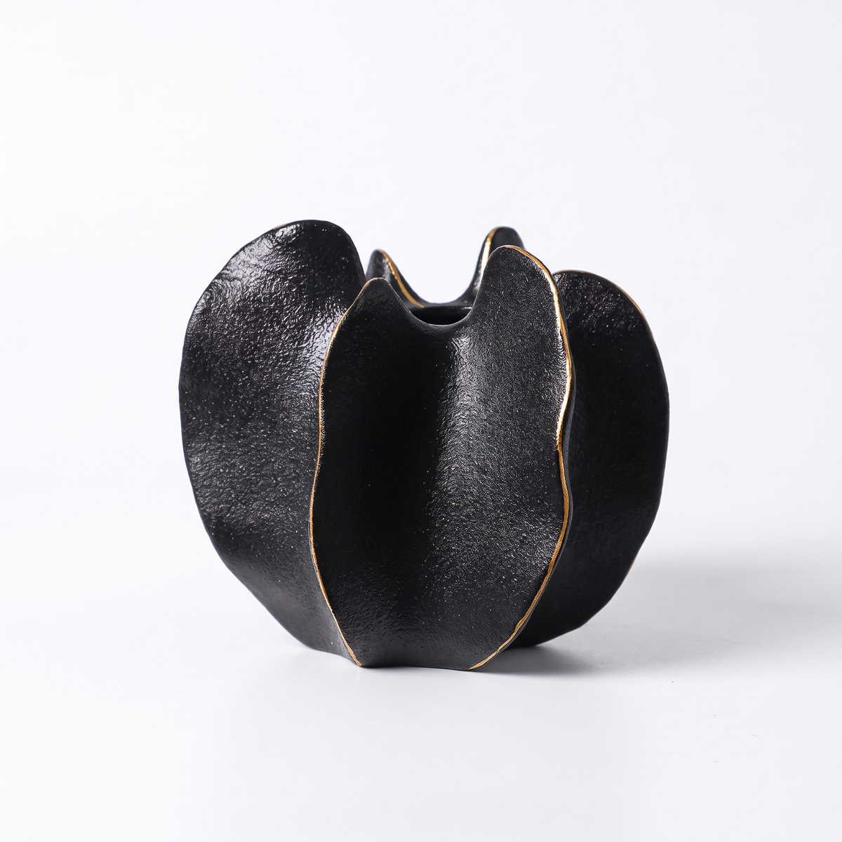 Ribbed carambola ceramic vase – Petal – Black, on a white background