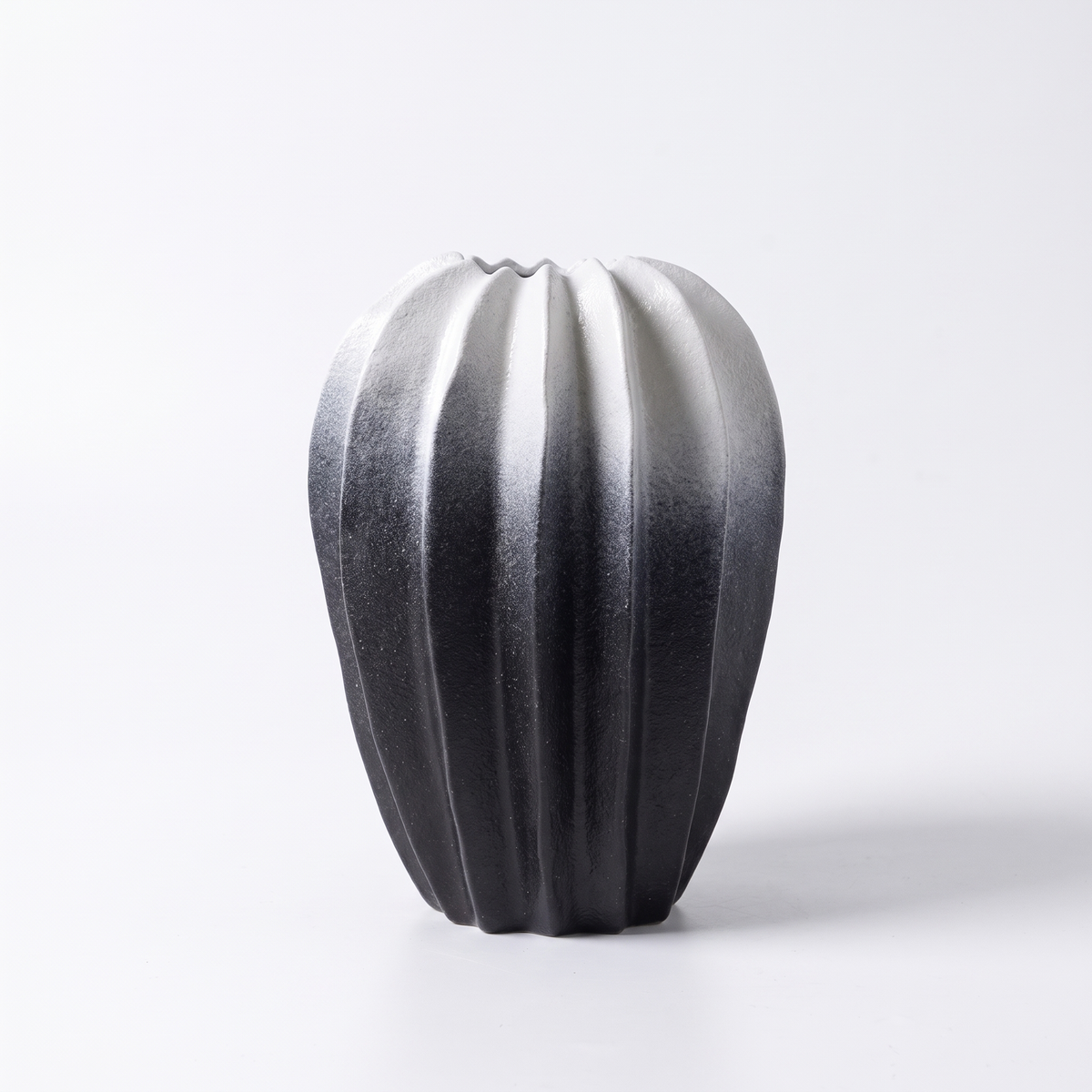 Ribbed carambola ceramic vase – Tall – Black & White, on a white background
