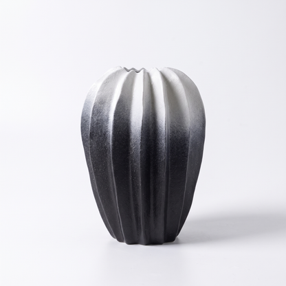 Ribbed carambola ceramic vase – Tall – Black & White, on a white background