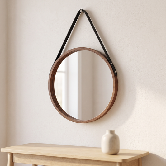 Round walnut wall mirror with leather strap displayed in a warm modern interior