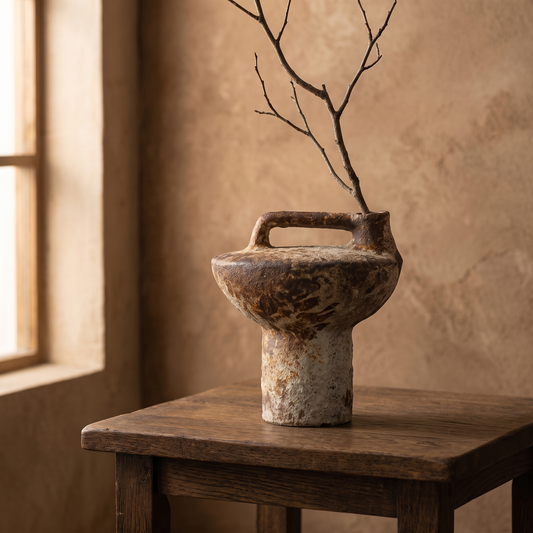 Rustic clay pottery vase with handle displayed in a warm modern interior