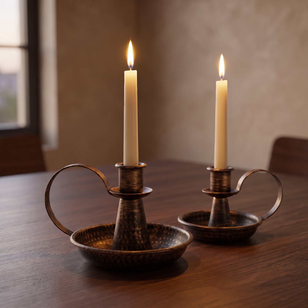 Set of two bronze hammered iron candle holders displayed in a warm modern interior