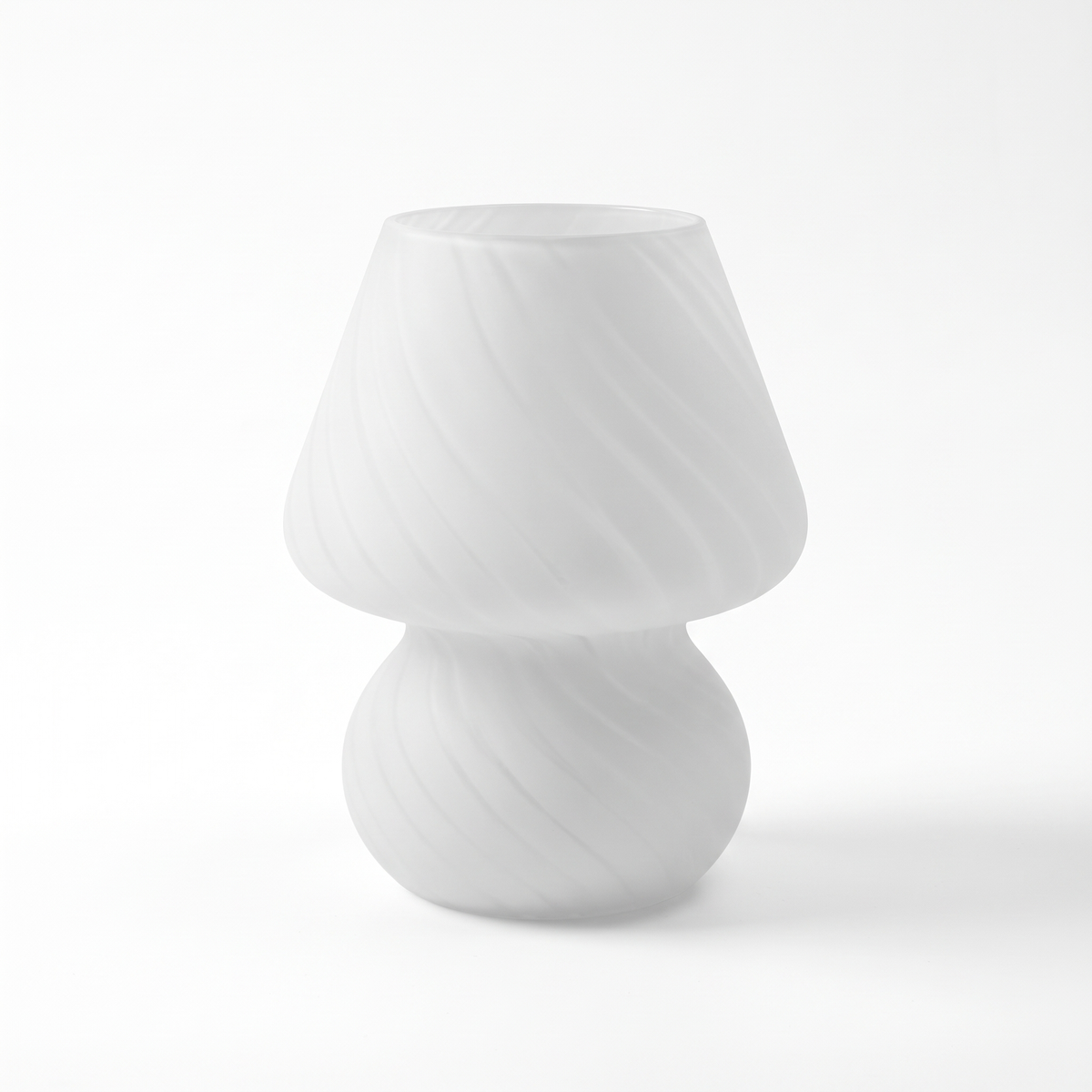 Swirl glass mushroom lamp – Frosted White, on a white background