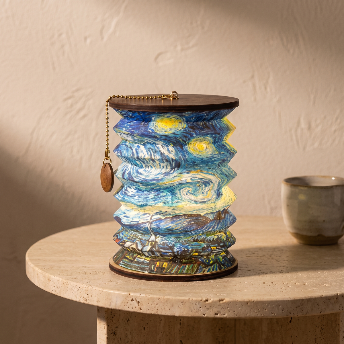 Van Gogh folding paper lantern lamp displayed in a warm modern interior