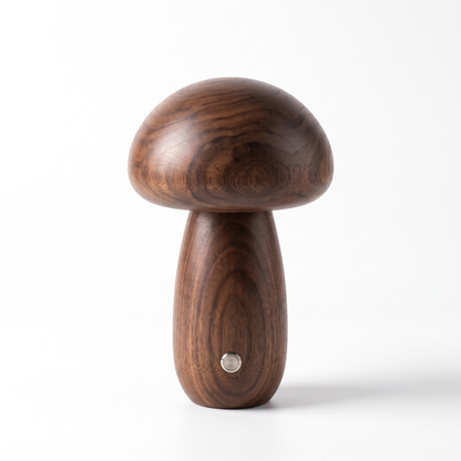 Walnut wood mushroom LED lamp on a white background