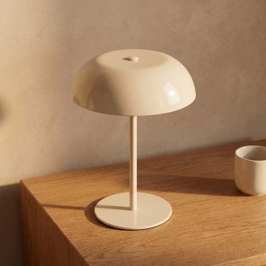 White cordless mushroom table lamp displayed in a warm modern interior