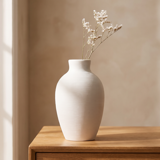 White ribbed ceramic bud vase displayed in a warm modern interior