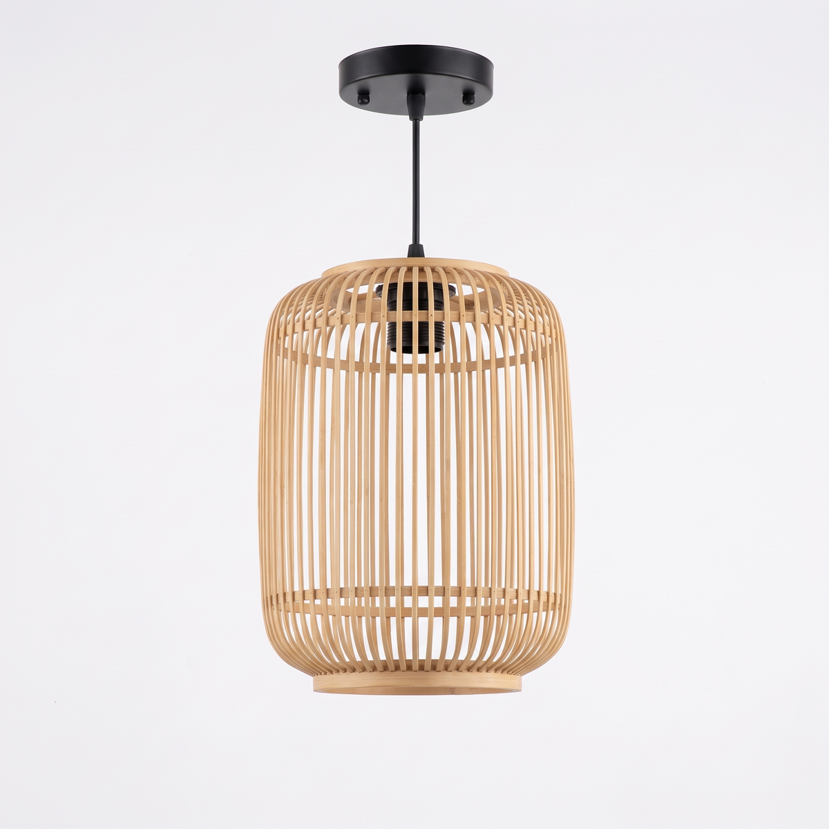 Wooden fin dome pendant light – Barrel Cage (20 cm), on a white background