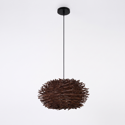 Wooden fin dome pendant light – Dark Bird's Nest (30 cm), on a white background