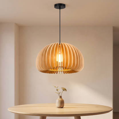 Wooden fin dome pendant light displayed in a warm modern interior