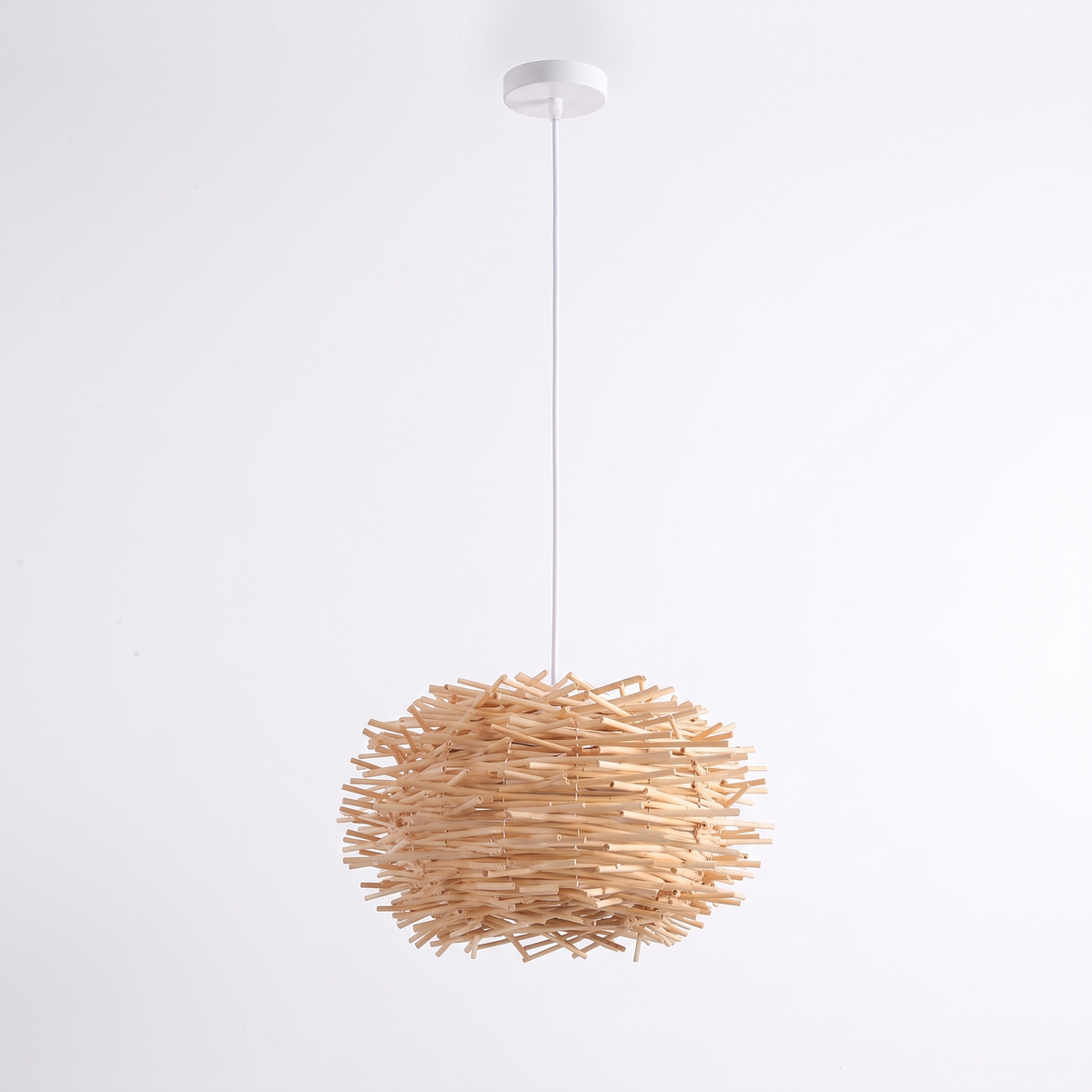 Wooden fin dome pendant light – Natural Bird's Nest (30 cm), on a white background
