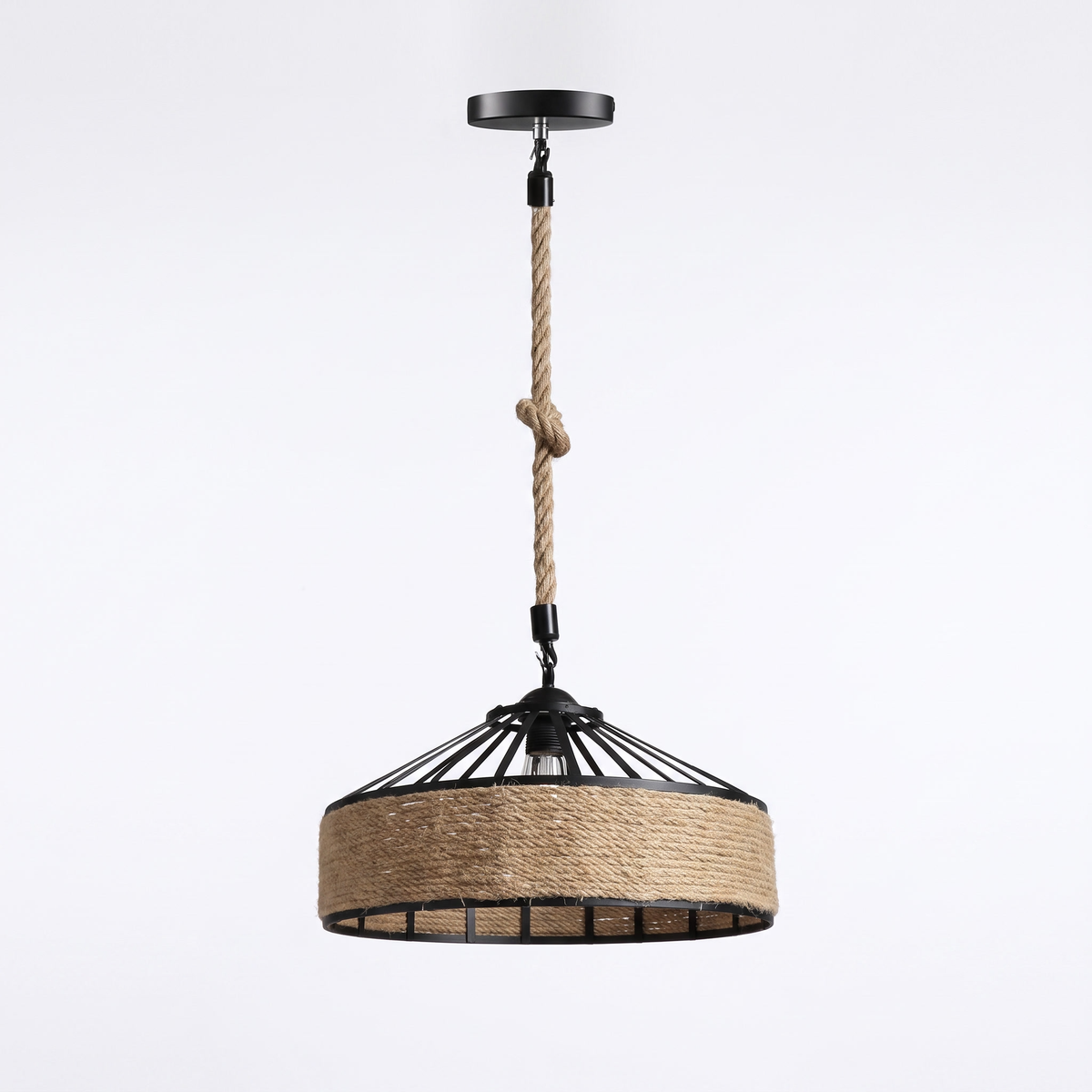 Wooden fin dome pendant light – Rope & Iron Drum, on a white background
