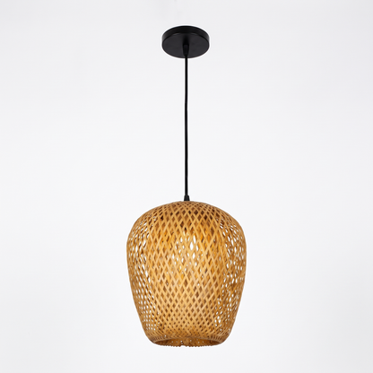 Wooden fin dome pendant light – Round Lantern (20 cm), on a white background