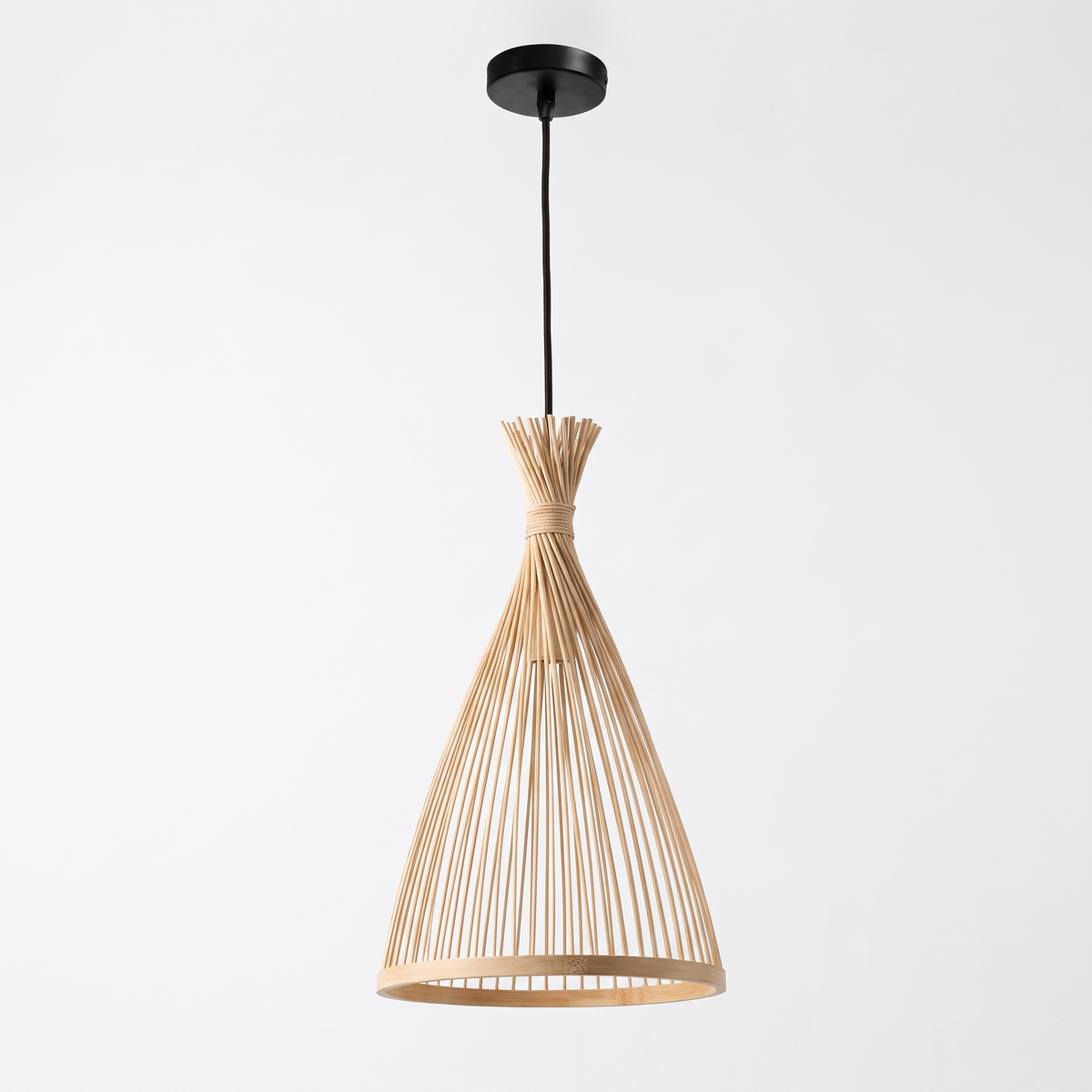 Wooden fin dome pendant light – Slim Cone (21 cm), on a white background