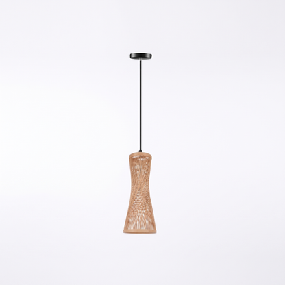 Wooden fin dome pendant light – Tall Hourglass (42 cm), on a white background