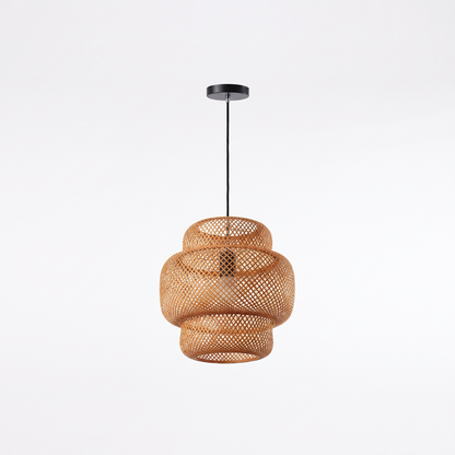 Wooden fin dome pendant light – Tiered Lantern (30 cm), on a white background
