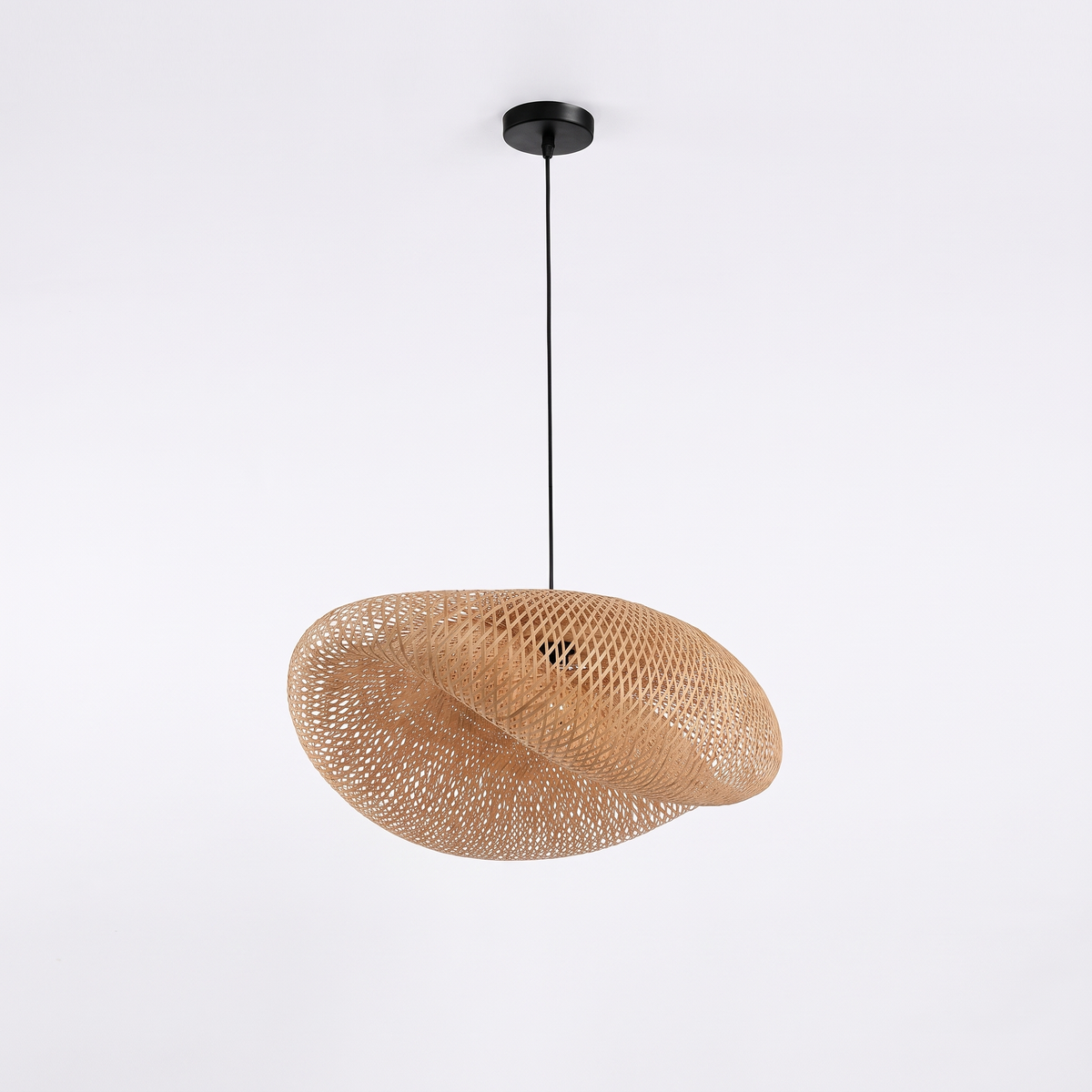 Wooden fin dome pendant light – Twisted Nest (45 cm), on a white background
