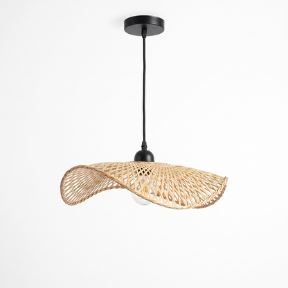 Wooden fin dome pendant light – Wave Disc – Black Canopy (30 cm), on a white background