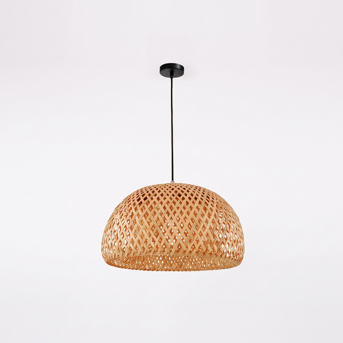 Wooden fin dome pendant light – Woven Dome – Black Canopy (28.6 cm), on a white background