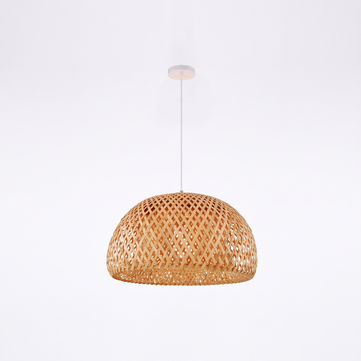 Wooden fin dome pendant light – Woven Dome – White Canopy (28.6 cm), on a white background